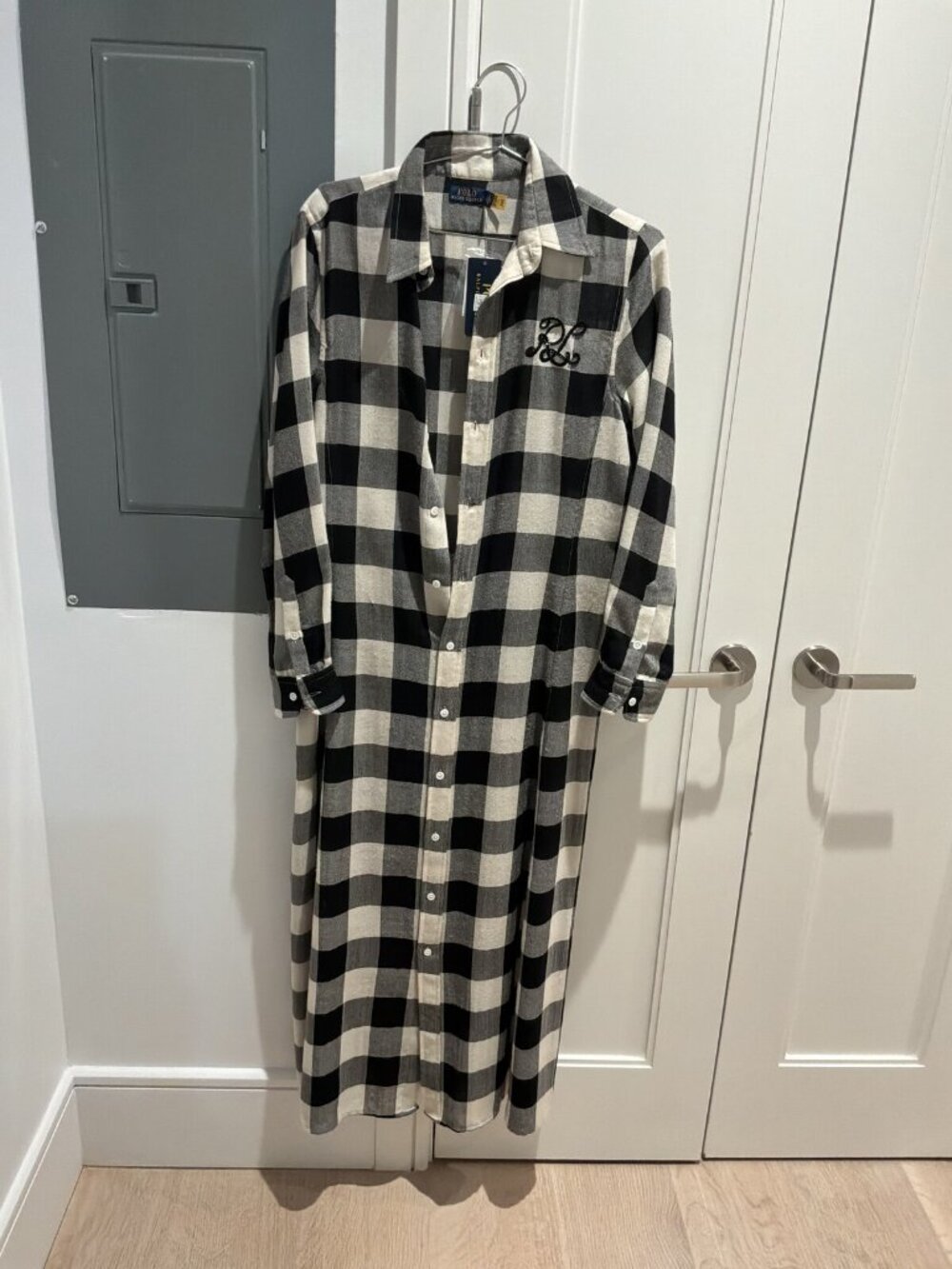 Polo Ralph Lauren Buffalo Check Flannel Maxi Shirtdress RL Logo Black Cream 10
